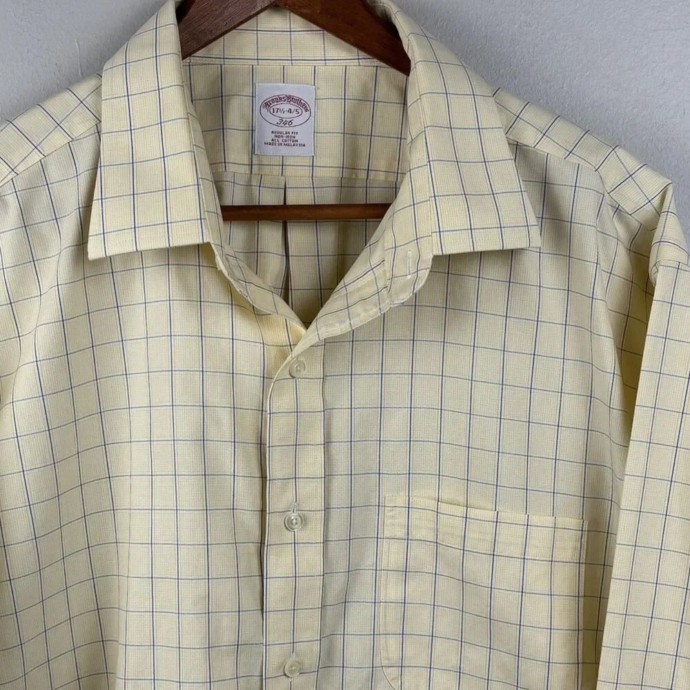 Brooks Brothers Men 17 1/2 - 4/5 Yellow Check Dress Shirt Regular Fit Cotton